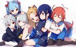  6+girls ;) ^_^ ahoge barefoot blazer blonde_hair blue_hair blush brown_eyes closed_eyes commentary_request feet flip_flappers girl_sandwich grey_hair hair_ribbon hug hug_from_behind jacket kokomine_cocona long_hair multiple_girls no_shoes nyunyu one_eye_closed orange_hair pantyhose papika_(flip_flappers) purple_eyes red_eyes red_hair ribbon roll_okashi sandwiched school_uniform serafuku short_hair silver_hair simple_background sitting skirt smile socks thick_eyebrows toto_(flip_flappers) twintails yayaka yuyu_(flip_flappers) 