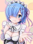  blue_eyes blue_hair blush breasts cleavage commentary_request detached_sleeves eyes_visible_through_hair frilled_sleeves frills hair_ornament hair_over_one_eye hair_ribbon highres looking_at_viewer maid maid_headdress medium_breasts pink_ribbon purple_ribbon re:zero_kara_hajimeru_isekai_seikatsu rem_(re:zero) ribbon ribbon-trimmed_clothes ribbon_trim short_hair smile solo toranoo underbust x_hair_ornament 