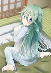  barefoot blush commentary_request full_body futon green_hair hair_between_eyes kantai_collection long_hair looking_back nekobaka pajamas pillow pillow_hug ribbon sitting solo tatami wariza yamakaze_(kantai_collection) 