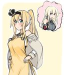  alternate_hairstyle apron atsushi_(aaa-bbb) bismarck_(kantai_collection) blonde_hair blue_eyes blush commentary_request crown green_eyes hand_on_hip kantai_collection multiple_girls ponytail thought_bubble warspite_(kantai_collection) 