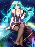  aqua_eyes aqua_hair blush bra_strap cleavage_cutout collarbone crossed_legs hatsune_miku high_heels index_finger_raised long_hair midriff muko_(kokia38) sitting skirt smile solo thighhighs twintails very_long_hair vocaloid 