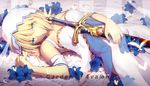  artist_name artoria_pendragon_(all) bare_shoulders blonde_hair breasts caliburn dress excalibur fate/stay_night fate_(series) flower green_eyes light_smile lying magicians_(zhkahogigzkh) medium_breasts on_back saber short_hair solo sword water weapon 