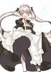  :d alternate_costume apron bad_id bad_pixiv_id black_dress black_footwear black_ribbon blue_eyes blush contrapposto dress enmaided fate/grand_order fate_(series) feet_out_of_frame hair_ribbon hamada_pochiwo highres juliet_sleeves long_dress long_hair long_sleeves looking_at_viewer maid maid_apron maid_headdress marie_antoinette_(fate/grand_order) open_mouth puffy_sleeves ribbon shoes sidelocks silver_hair skirt_hold sleeve_cuffs smile solo standing twintails waist_apron white_legwear 