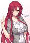  ayase_touka blazer blush breasts copyright_name hand_on_hip index_finger_raised jacket large_breasts long_hair looking_at_viewer minamon_(vittel221) nail_polish purely_x_cation red_hair smile solo very_long_hair 
