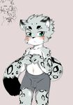  blush bulge camera clothed clothing cub cun dialogue duo feline front_view japanese_text leopard looking_at_viewer mammal naughty_face nekonade shorts shy snow_leopard solo_focus speech_bubble standing text tight_clothing topless unsure young 