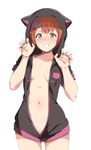  alp animal_hood blush body_blush breasts breasts_apart claw_pose clenched_teeth collarbone cowboy_shot hair_ornament hairclip hood hoodie hoshizora_rin looking_at_viewer love_live! love_live!_school_idol_project naked_hoodie navel open_clothes open_hoodie orange_hair purple_eyes short_hair simple_background small_breasts solo teeth unzipped white_background x_hair_ornament yellow_eyes 