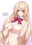  blonde_hair blush bow breasts cardigan copyright_name hair_ornament hairclip hand_on_own_chest large_breasts long_hair looking_at_viewer minamon_(vittel221) natsuki_hikari open_mouth purely_x_cation school_uniform smile solo very_long_hair yellow_eyes 