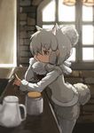  alpaca_ears alpaca_suri_(kemono_friends) alpaca_tail animal_ears blonde_hair brick_wall comic commentary_request fur_trim green_eyes hair_over_one_eye hair_tie index_finger_raised kemono_friends lansane long_sleeves pantyhose sidelocks solo standing tail teapot white_hair window 