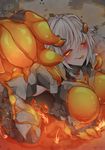  1girl artist_request blush breasts female foreshortening glowing_eyes grey_hair lava_golem_(monster_girl_encyclopedia) licking_lips monster_girl monster_girl_encyclopedia orange_eyes solo tongue tongue_out 