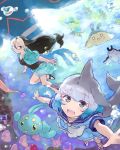  2girls bare_legs blue_eyes blue_hair bracelet california_sea_lion_(kemono_friends) character_request commentary_request common_bottlenose_dolphin_(kemono_friends) creatures_(company) dark_blue_hair dolphin_tail dorsal_fin dress eyebrows_visible_through_hair flippers frilled_dress frills game_freak glasses grey_hair hair_tie jacket jewelry kemono_friends long_hair moeki_(moeki0329) multicolored_hair multiple_girls neckerchief nintendo one-piece_swimsuit open_mouth pokemon sailor_collar sailor_dress sandals short_hair short_sleeves smile swimming swimsuit underwater white_hair 