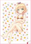  absurdres bangs bare_legs barefoot blonde_hair blunt_bangs blush border bow bow_bra bra breasts cleavage closed_mouth collarbone commentary_request crossed_arms crossed_legs embarrassed eyebrows_visible_through_hair food fork full_body gochuumon_wa_usagi_desu_ka? green_eyes hairband heart highres kirima_sharo looking_at_viewer macaron nanakusa_amane navel outline panties pink_border polka_dot polka_dot_background short_hair sidelocks small_breasts solo star stomach sweets_lingerie underwear underwear_only white_outline 