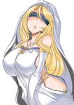  bare_shoulders blindfold blonde_hair blush breasts bridal_gauntlets dress eba goblin_slayer! habit jewelry large_breasts long_hair no_bra no_panties open_mouth saliva solo sweat sword_maiden very_long_hair white_dress 