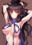  absurdres armpits arms_up artist_name backless_dress backless_outfit bangs black_hair blush breasts brown_background brown_eyes cleavage closed_mouth drawstring dress eyebrows_visible_through_hair girls_frontline halterneck hands_in_hair highres large_breasts long_hair looking_at_viewer meme_attire naked_sweater nishiro_ryoujin qbz-95_(girls_frontline) ribbed_sweater simple_background smile solo sweater sweater_dress turtleneck turtleneck_sweater upper_body virgin_killer_sweater wardrobe_error watermark wavy_hair 