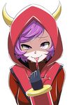  :p bangs crazy_eyes fake_horns finger_to_tongue gloves half-closed_eyes highres hood horned_headwear horns kagari_(pokemon) looking_at_viewer pokemon pokemon_(game) pokemon_oras purple_eyes purple_hair ribbed_sweater short_hair simple_background smile solo sweater swept_bangs team_magma tongue tongue_out turtleneck turtleneck_sweater uneven_eyes upper_body vambraces white_background 