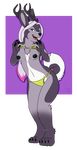  2016 antlers bikini breasts canine chest_tuft clothed clothing clothing_lift female fur green_eyes grey_fur hair horn hybrid looking_at_viewer mammal nipple_piercing nipples os piercing pink_hair shirt shirt_lift solo swimsuit tuft white_hair 