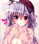  animal_ears argyle argyle_background arms_up bangs blush bow breasts breasts_outside cat_ears chestnut_mouth cleavage comiket comiket_88 commentary_request cross-laced_clothes english eyes fang floral_background flower gradient_eyes hair_ribbon hand_on_own_face hat heart heart-shaped_pupils lace lace_background large_breasts lavender_hair long_hair long_sleeves looking_at_viewer meme_attire multicolored multicolored_eyes no_bra ooji_cha open-chest_sweater original out-of-frame_censoring oziko_(ooji_cha) pink_bow pink_ribbon pink_sweater purple_eyes red_hat ribbed_sweater ribbon rose sleeves_past_wrists solo sweater symbol-shaped_pupils text_focus turtleneck turtleneck_sweater two_side_up upper_body 