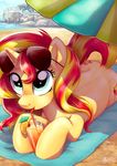  2017 adlynh alcohol beach beverage blue_eyes cocktail cutie_mark equestria_girls equine eyelashes eyewear feral hair hooves horn lying mammal multicolored_hair multicolored_tail my_little_pony nude on_front outside sand seaside sunglasses sunset_shimmer_(eg) two_tone_hair unicorn water 