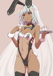  adapted_costume altera_(fate) animal_ears ass_visible_through_thighs black_legwear black_nails breasts bunny_ears bunny_girl bunny_tail clearite cleavage cocktail_glass cup dark_skin drinking_glass eyebrows_visible_through_hair fate/grand_order fate_(series) long_hair nail_polish red_eyes short_hair silver_hair simple_background small_breasts solo tail tattoo thighhighs tray veil 
