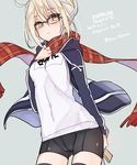  ahoge arm_behind_back artoria_pendragon_(all) bike_shorts blonde_hair blush breasts fate/grand_order fate_(series) glasses grey_hair highres jacket looking_at_viewer medium_breasts mom_29_mom mysterious_heroine_x_(alter) scarf sketch solo thighhighs twitter_username yellow_eyes 