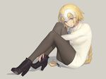  black_legwear blonde_hair blue_eyes boots braid check_commentary commentary_request fate/apocrypha fate_(series) full_body headpiece high_heels jeanne_d'arc_(fate) jeanne_d'arc_(fate)_(all) keemu_(occhoko-cho) long_hair pantyhose ribbed_sweater simple_background solo sweater white_sweater 