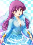  breasts cleavage dragon_quest dragon_quest_ii dress fujii_satoshi long_hair medium_breasts open_mouth princess_of_moonbrook purple_eyes purple_hair smile solo 