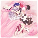  bare_legs barefoot bed_sheet black_dress blue_eyes blue_hair book closed_eyes doremy_sweet dream_soul dress hat hug imokichi kishin_sagume lying multiple_girls nightcap pillow pom_pom_(clothes) purple_dress silver_hair single_wing sleeping socks tail touhou under_covers white_legwear white_wings wings 