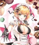  1girl :d arm_garter bangs bare_shoulders bat_wings black_gloves blonde_hair breasts checkerboard_cookie chocolate chocolate_heart chromatic_aberration cleavage cleavage_cutout collar commentary cookie doily doughnut eyebrows_visible_through_hair food foreshortening frilled_armband frilled_collar frills gloves green_eyes hair_ornament head_wings heart heart_hair_ornament idolmaster idolmaster_cinderella_girls jam_cookie lace looking_at_viewer macaron maid_headdress medium_breasts miyamoto_frederica nyaong9 open_mouth outstretched_arm pink_background ribbon short_hair sidelocks sleeveless smile solo two-tone_background upper_body white_background wings yellow_ribbon 