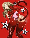  1girl anal anal_object_insertion ass blonde_hair blue_eyes blush bodysuit breasts breasts_outside butt_plug buttplug_tail cat_tail earrings gloves highres jewelry looking_at_viewer monpuchi nipples object_insertion persona persona_5 pink_gloves red_background saliva simple_background solo star tail takamaki_ann teeth tongue tongue_out twintails 