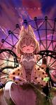  ^_^ amusement_park animal_ears animal_print blonde_hair boku_no_friend bow bowtie capelet cat_ears closed_eyes cloud cloudy_sky commentary_request cross-laced_clothes damaged dilapidated dusk elbow_gloves ferris_wheel gloves highres kemono_friends moss open_mouth print_bow print_gloves print_skirt roller_coaster serval_(kemono_friends) serval_ears serval_print serval_tail shiny shiny_hair shipii_(jigglypuff) short_hair skirt sky sleeveless smile solo spinning_teacup tail translated |d 