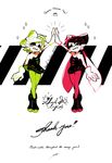  2016 2girls ankle_boots aori_(splatoon) artist_name black_dress black_footwear black_hair black_shorts boots commentary cousins cursive detached_collar domino_mask dress earrings english fangs food food_on_head full_body gloves green_legwear heart highres hotaru_(splatoon) jewelry mask mole mole_under_eye multiple_girls object_on_head one_eye_closed pointy_ears purple_legwear seto_(asils) short_jumpsuit shorts shorts_under_dress signature sparkle splatoon_(series) splatoon_1 standing strapless strapless_dress symmetrical_pose tentacle_hair white_gloves white_hair 