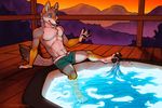  bulge canine clothed clothing coyote falloutcoyote hot_tub kick male mammal mountain solo splash sunset swimming_trunks swimsuit topless tsaiwolf water 