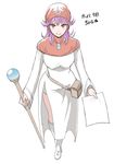  bag boots breasts curly_hair dragon_quest dragon_quest_ii dress holding hood knee_boots large_breasts long_hair long_sleeves princess_of_moonbrook purple_hair satchel smile smile40_(ogi) solo staff white_background 