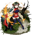  bell black_hair blue_footwear blue_legwear fire flame green_eyes highres long_hair looking_at_viewer merc_storia outdoors shoes smile solo standing takeko_spla thighhighs twintails 