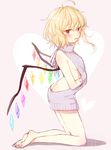  ahoge ass backless_dress backless_outfit bare_arms bare_back blonde_hair blush breasts butt_crack dress flandre_scarlet full_body grey_sweater heart honotai kneeling looking_at_viewer meme_attire naked_sweater ribbed_sweater sideboob simple_background sketch small_breasts solo sweater sweater_dress touhou virgin_killer_sweater wings 