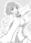  arm_up breasts cleavage greyscale hair_ornament head_tilt highres keikyu_(tiltedcube) large_breasts long_sleeves looking_at_viewer monochrome monochrome_background narusawa_ryouka open_mouth ribbon shirt short_hair skirt smile solo thighhighs 