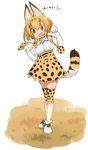  :d animal_ears bare_shoulders blonde_hair blush bow bowtie breasts cat_ears cat_tail commentary_request elbow_gloves eyebrows_visible_through_hair full_body gloves highres kei_(soundcross) kemono_friends looking_at_viewer medium_breasts open_mouth paw_pose serval_(kemono_friends) serval_ears serval_print serval_tail shoes short_hair skirt sleeveless smile solo tail thighhighs translated underbust yellow_eyes 