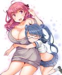  :d bare_shoulders blue_hair blush breasts cleavage closed_eyes dress eba glasses hair_bobbles hair_ornament hair_ribbon heart heart_necklace hug hug_from_behind huge_breasts long_hair miniskirt mole mole_under_mouth multiple_girls navel open_mouth original pink_eyes pink_hair pleated_skirt ribbon school_uniform serafuku shirt_lift skirt smile stomach sweater sweater_dress twintails very_long_hair watch wristwatch 