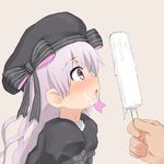  blush fate/extra fate/grand_order fate_(series) food hat highres lavender_hair long_hair nursery_rhyme_(fate/extra) popsicle purple_eyes sexually_suggestive solo_focus yakihebi 