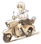  bangs bike_shorts black_legwear black_skirt blonde_hair blouse brown_eyes brown_footwear commentary_request full_body ground_vehicle kneehighs knees_together_feet_apart loafers motor_vehicle motorcycle nagatsuki_misoka original pleated_skirt riding sailor_collar school_uniform serafuku shoes short_hair shorts shorts_under_skirt simple_background sitting skirt smile solo white_background white_blouse white_sailor_collar 