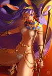  animal_ears ass_visible_through_thighs belt bracelet breasts dark_skin earrings egyptian egyptian_clothes fate/grand_order fate_(series) high_heels holding holding_staff hoojiro jackal_ears jewelry kneeling long_hair looking_at_viewer medium_breasts navel nitocris_(fate/grand_order) open_mouth panties purple_eyes purple_hair sandals solo staff teeth underwear white_panties 