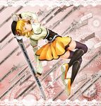  2014 blonde_hair blush corset dated drill_hair full_body gun hat highres lace_background magical_girl magical_musket mahou_shoujo_madoka_magica smile solo sua_k thighhighs thighs tomoe_mami weapon yellow_eyes 