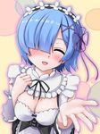  ^_^ blue_hair blush breasts cleavage closed_eyes commentary_request detached_sleeves facing_viewer frilled_sleeves frills hair_ornament hair_over_one_eye hair_ribbon highres maid maid_headdress medium_breasts pink_ribbon purple_ribbon re:zero_kara_hajimeru_isekai_seikatsu rem_(re:zero) ribbon ribbon-trimmed_clothes ribbon_trim short_hair smile solo toranoo underbust x_hair_ornament 