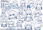  bangs blunt_bangs blush character_sheet chopsticks dragon_horns el-zheng hat highres horns kanna_kamui kobayashi-san_chi_no_maidragon long_hair mask monochrome multiple_views open_mouth simple_background teeth trembling white_background 