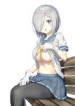 bad_id bad_pixiv_id black_legwear blue_eyes blush breasts cleavage commentary_request daijoubu?_oppai_momu? eyes_visible_through_hair gloves hair_ornament hair_over_one_eye hairclip hamakaze_(kantai_collection) highres kantai_collection koromo_take large_breasts looking_at_viewer neckerchief no_bra open_mouth panties panties_under_pantyhose pantyhose pleated_skirt school_uniform serafuku short_hair short_sleeves silver_hair simple_background sitting skirt solo underboob underwear white_background white_gloves yellow_neckwear 
