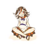  bare_legs black_hair directional_arrow dress full_body grin horns imokichi kijin_seija multicolored_hair red_eyes sandals short_sleeves simple_background sitting sketch smile solo streaked_hair teeth touhou white_background white_hair 