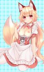  :&gt; animal_ears apron aqua_background areolae arm_support arm_up bangs black_ribbon blonde_hair blush bow breasts breasts_outside closed_mouth collared_dress commentary_request cross-laced_clothes detached_collar dress eyebrows_visible_through_hair fox_ears fox_girl fox_shadow_puppet fox_tail frilled_apron frilled_dress frilled_sleeves frills hair_bow hair_ornament hairclip heart heart_hair_ornament highres jewelry leaning_back long_hair maid maid_apron medium_breasts nipples no_shoes original pantyhose pendant pink_dress pink_eyes plaid plaid_background plaid_bow pointy_hair puffy_short_sleeves puffy_sleeves red_bow ribbon shiny shiny_hair shiny_skin short_sleeves sidelocks sitting sleeve_cuffs smile sogaya solo tail two_side_up underbust waist_apron wariza white_apron white_bow white_legwear white_ribbon 