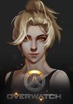  absurdres alternate_eye_color bare_shoulders blonde_hair closed_mouth collarbone copyright_name emblem eyelashes eyeliner eyeshadow high_ponytail highres logo looking_at_viewer makeup mascara mercy_(overwatch) nose overwatch pink_lips ponytail portrait short_ponytail sleeveless smile solo tank_top upper_body xiaoxiaoxiaomo yellow_eyes 