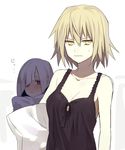  2girls bare_shoulders blonde_hair blue_hair blush breasts cleavage dress fate/grand_order fate/prototype fate/prototype:_fragments_of_blue_and_silver fate_(series) jeanne_alter lancer_(fate/prototype_fragments) multiple_girls open_mouth pillow purple_eyes ruler_(fate/apocrypha) short_hair yellow_eyes 