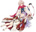  1boy 1girl black_gloves bow_(weapon) breasts camilla_(fire_emblem_if) cleavage closed_mouth commission fire_emblem fire_emblem_heroes fire_emblem_if flower gloves hair_flower hair_ornament hair_over_one_eye holding holding_bow_(weapon) holding_weapon japanese_clothes lap_pillow lilith_(fire_emblem_if) long_hair male_my_unit_(fire_emblem_if) my_unit_(fire_emblem_if) nintendo parted_lips plushcharm pointy_ears purple_eyes purple_hair red_eyes sandals short_hair side_slit simple_background sitting tabi tiara twitter_username weapon white_background white_hair 
