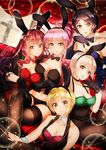  akai_kagerou animal_ears bangs black_gloves black_hair blonde_hair blue_eyes breasts brown_hair bunny_ears bunnysuit gloves green_eyes hayami_kanade ichinose_shiki idolmaster idolmaster_cinderella_girls jougasaki_mika lipps_(idolmaster) long_hair looking_at_viewer medium_breasts miyamoto_frederica multiple_girls parted_bangs pink_hair ponytail shiomi_shuuko short_hair smile yellow_eyes 